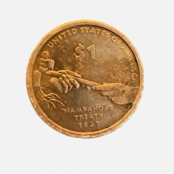 Sacagawea USA Dollar Coin Gold Color RARE No Date Wampanoag Treaty 1621 - Picture 2 of 6